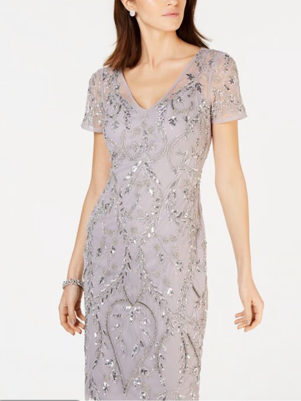 Adrianna Papell Beaded Sequin Cocktail Dress 8P Petite Mauve Sheath Formal